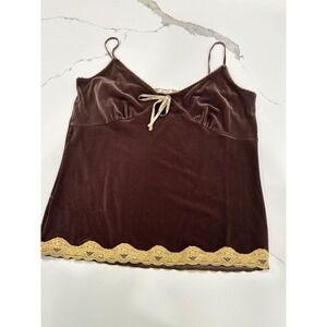 Old Navy Vintage Brown Velvet Lace Trim Camisole Top Y2K Gold Bow L NWT